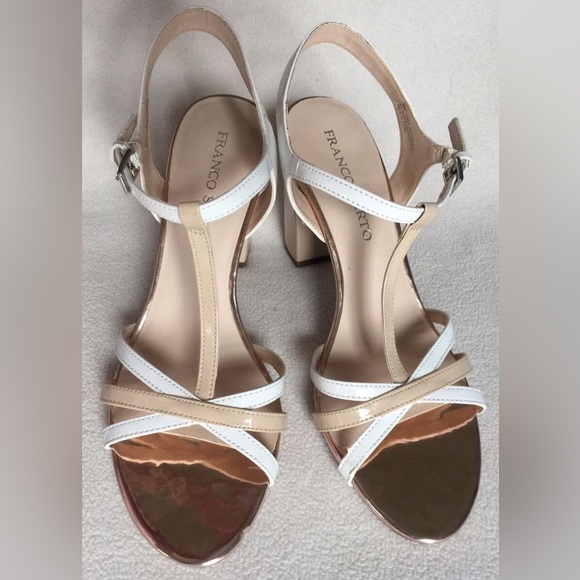 New Franco Sarto Ebba White & Tan Beige Patent T Strap Sandals Heels sz 9M - Picture 6 of 6